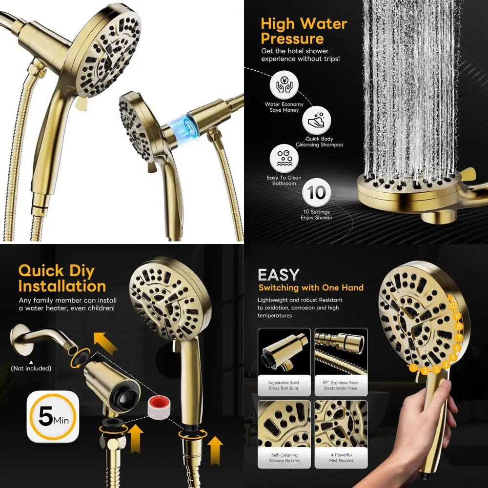 

Ручной душ с 10 режимами работы и отделкой под матовое золото — сопла с защитой от засорения, мощный напор, магнитная насадка-тропический душ, двойной струйный распылитель