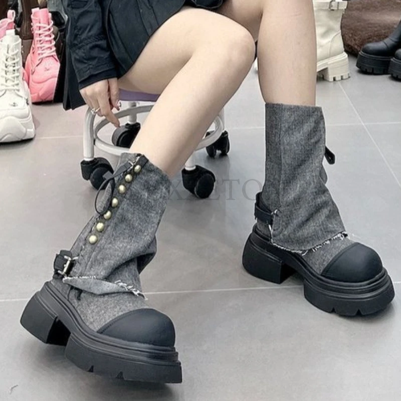 Women Flats Ankle Cowboy Chelsea Boots Winter Fad Platform Gladiator Goth Shoes New Chunky Motorcycle Botas Women Zapatos