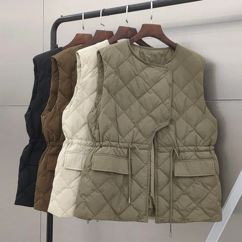 

Light Thin White Duck Down Vest Autumn Winter Women Drawstring Sleeveless Oversize Waistcoat Parkas Lady Short Warm Tank Jacket