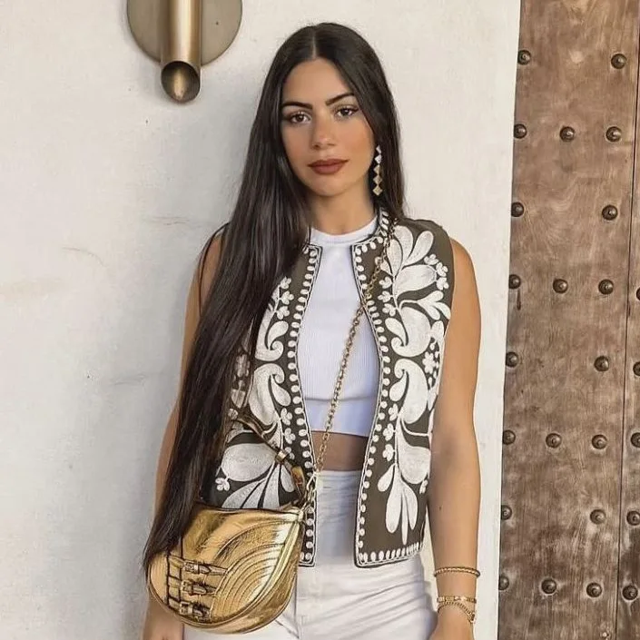 سترة نسائية مطرزة بالزهور سترة صيفية غير رسمية عتيقة Y2k سترة صدرية ملابس خارجية فضفاضة أنيقة للسيدات #3