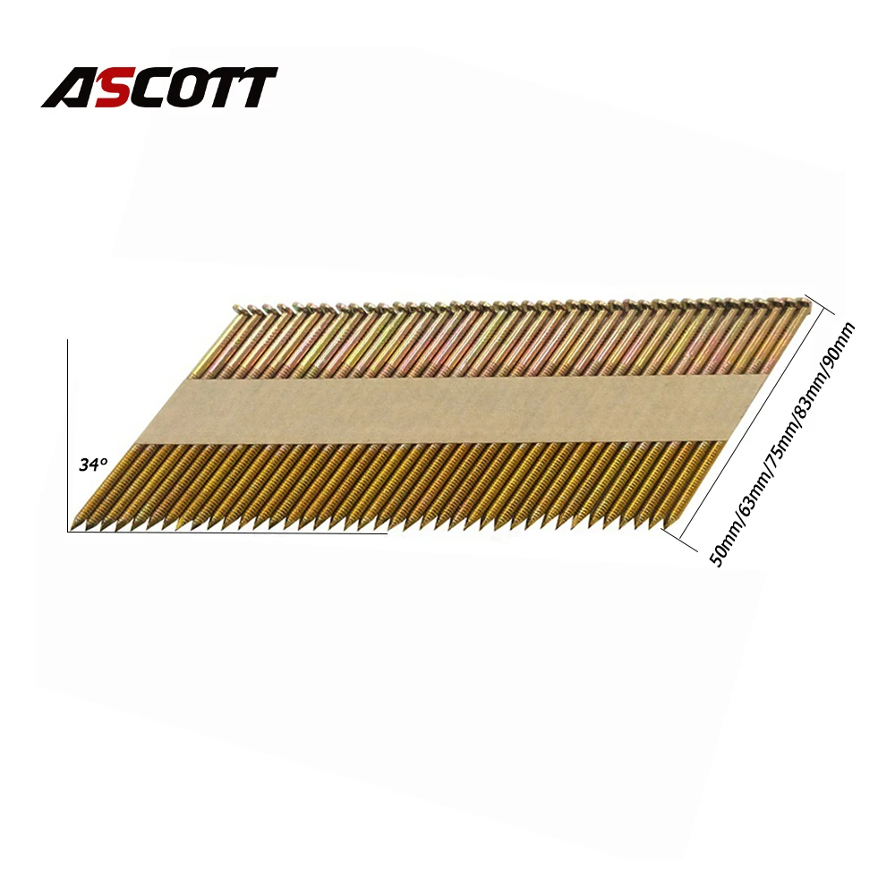 200Pc 34 Degree Paper Tape Nails Galvanized D-Head .Staples 50mm 63mm 75mm 83mm 90mm Oblique Nail Gun Nails