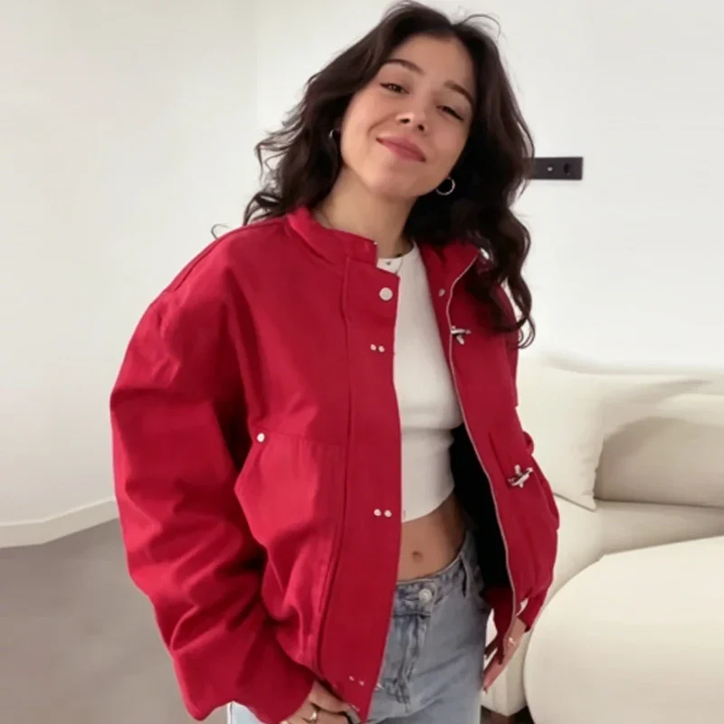 HXAO Unisex Rote Oversize-Jacke Damen-Bomberjacke Mittel-Saison 2026 Crop-Schnallen-Design Lockerer Langarm-Oberteil Modischer Streetwear-Mantel – Detail 8