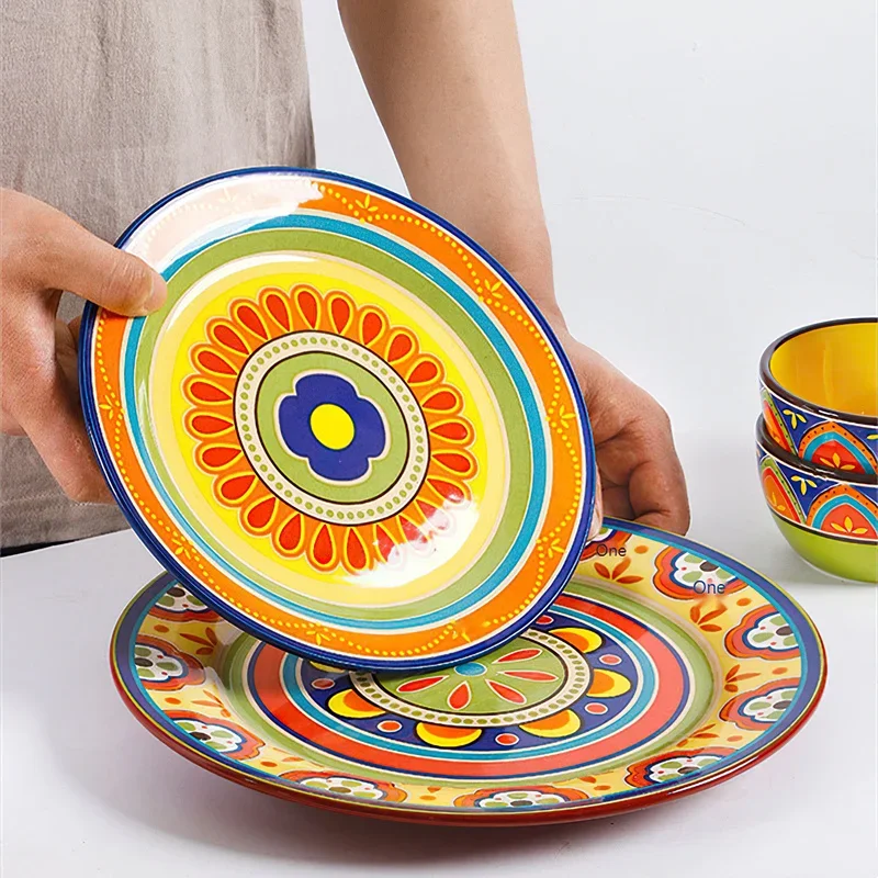 1pcs Ceramic Tableware Bohemian Flat Dinner Plate Western Steak Salad Dessert Cake Plate Shallow Dish Dessert Kitchen Dinnerware