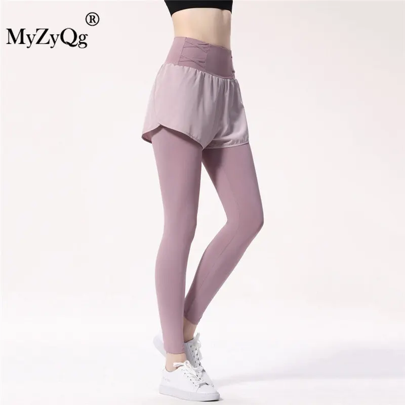 MyZyQg Fake Two-piece Yoga Pants Women High Waist Hip Lift Sports Fitness Professional Leggings Gym Training  Running Trousers