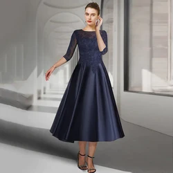 Jiayigong Navy Mother of The Bride Dress Customized O Neck 3/4 Sleeves Lace Tea Length Wedding Party Dresses Guest Gowns