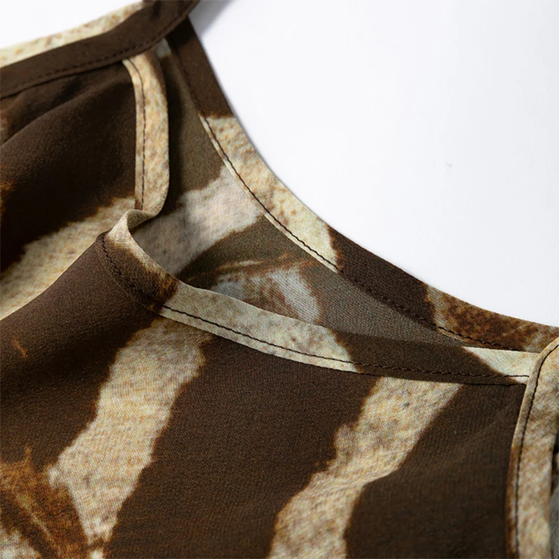 المرأة بروتيل 100% التوت الحرير كريب دي تشاين الحرير القهوة زيبرا مطبوعة قمة الموضة قميص سترة الصيف الشاطئ M1244