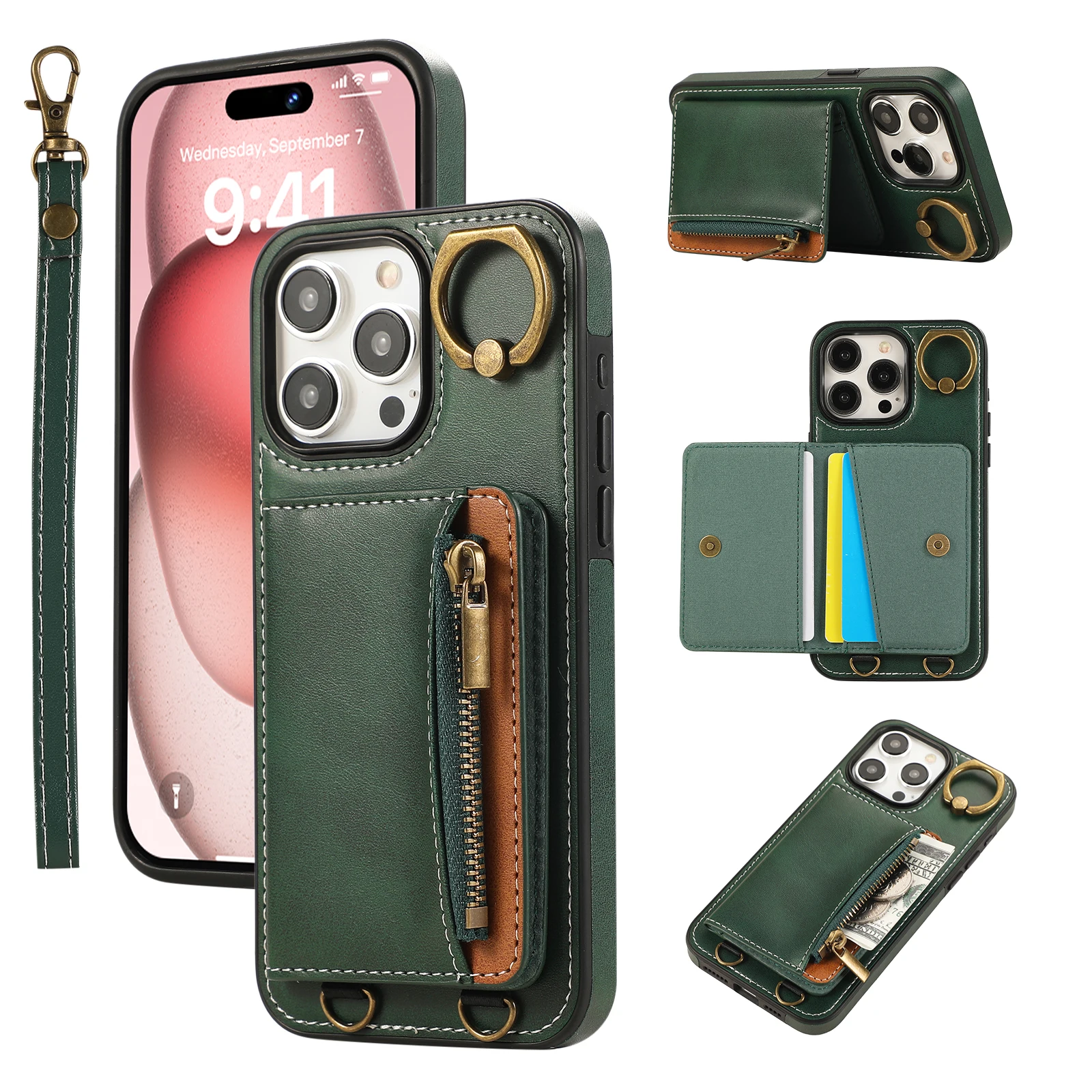 

For iPhone 14 Pro Max Wallet Case with Card Holder, Leather Kickstand Zipper Card Slot Case Shockproof Cover For iPhone 15 13 12