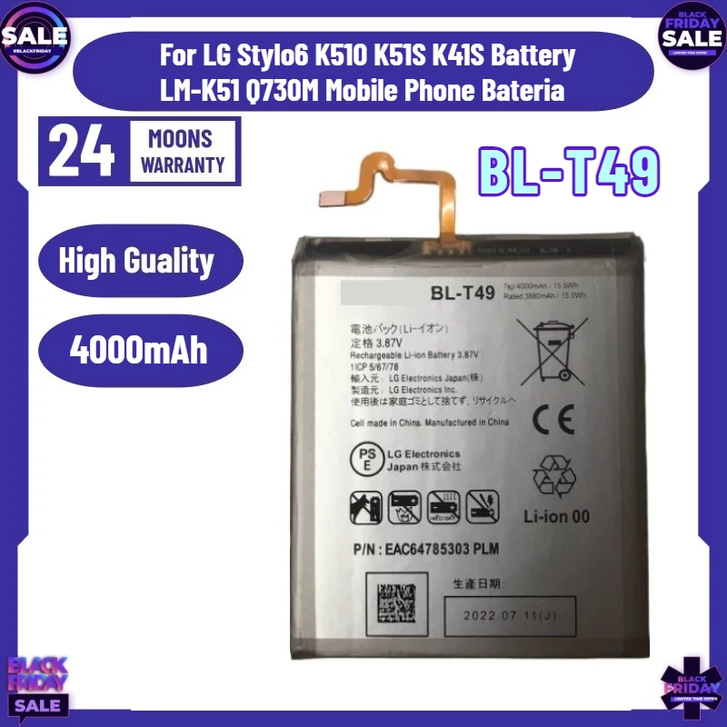 

4000mAh BL-T49 Battery for LG Stylo6 K510 K51S K41S Battery LM-K51 Q730M Mobile Phone Bateria