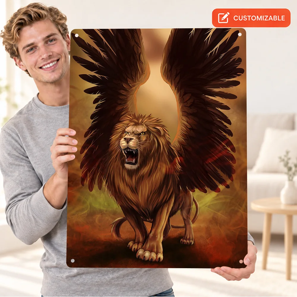 Winged Lion Roaring Fantasy Aluminum Poster Bold Contemporary Illustration Game Room Wall Art Personalized Metal Sign Fan Gift