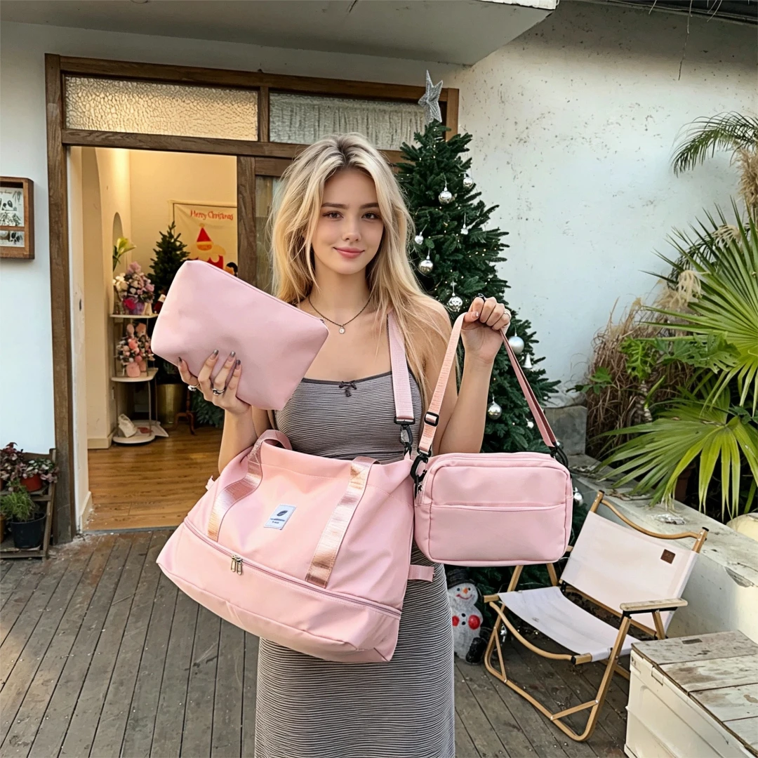 

Дорожная сумка через плечо, нейлоновая водонепроницаемая спортивная сумка для фитнеса, дорожный набор из трех предметов, подходящий для женщин, большой вместимости.