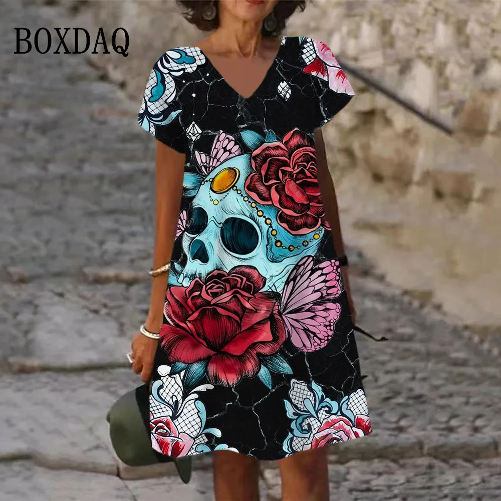 2023 New Summer Fashion Tie Dye Skull 3D Print Dress Women Short Sleeve Sexy V Neck Hip Hop Loose Casual Dress Oversized Vestido