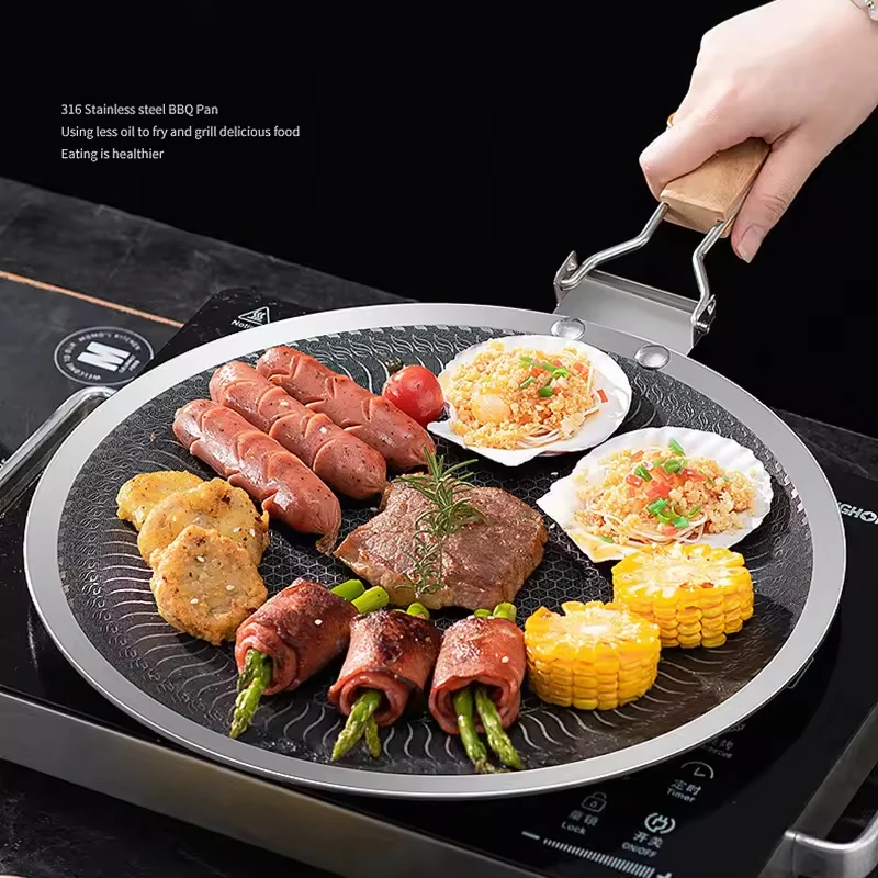 Assadeira redonda de aço inoxidável, 34/38cm, fundo em favo de mel, carvão, design antiaderente, assadeira para churrasco ao ar livre