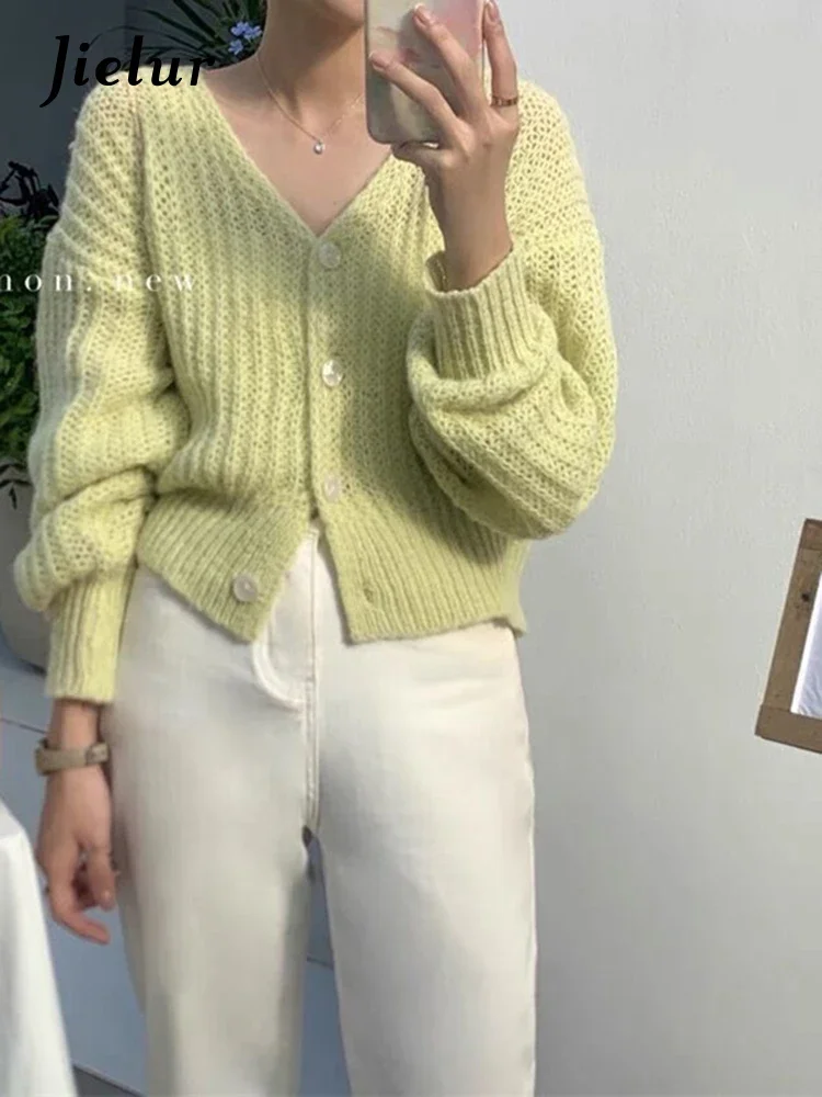 Jielur Autumn New Solid Color Loose Women\'s Cardigan Sweet Ladies Korean Cardigan Woman White Pink Yellow Green Knitted Cardigan