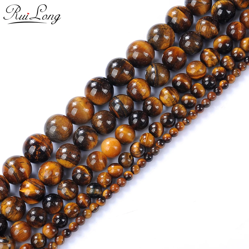 Ruilog Wholesale Natural Stone Yellow Tiger Eye Round Loose Beads Stone Bead For DIY Necklace Bracelet DIY Jewelry Making 2-18mm