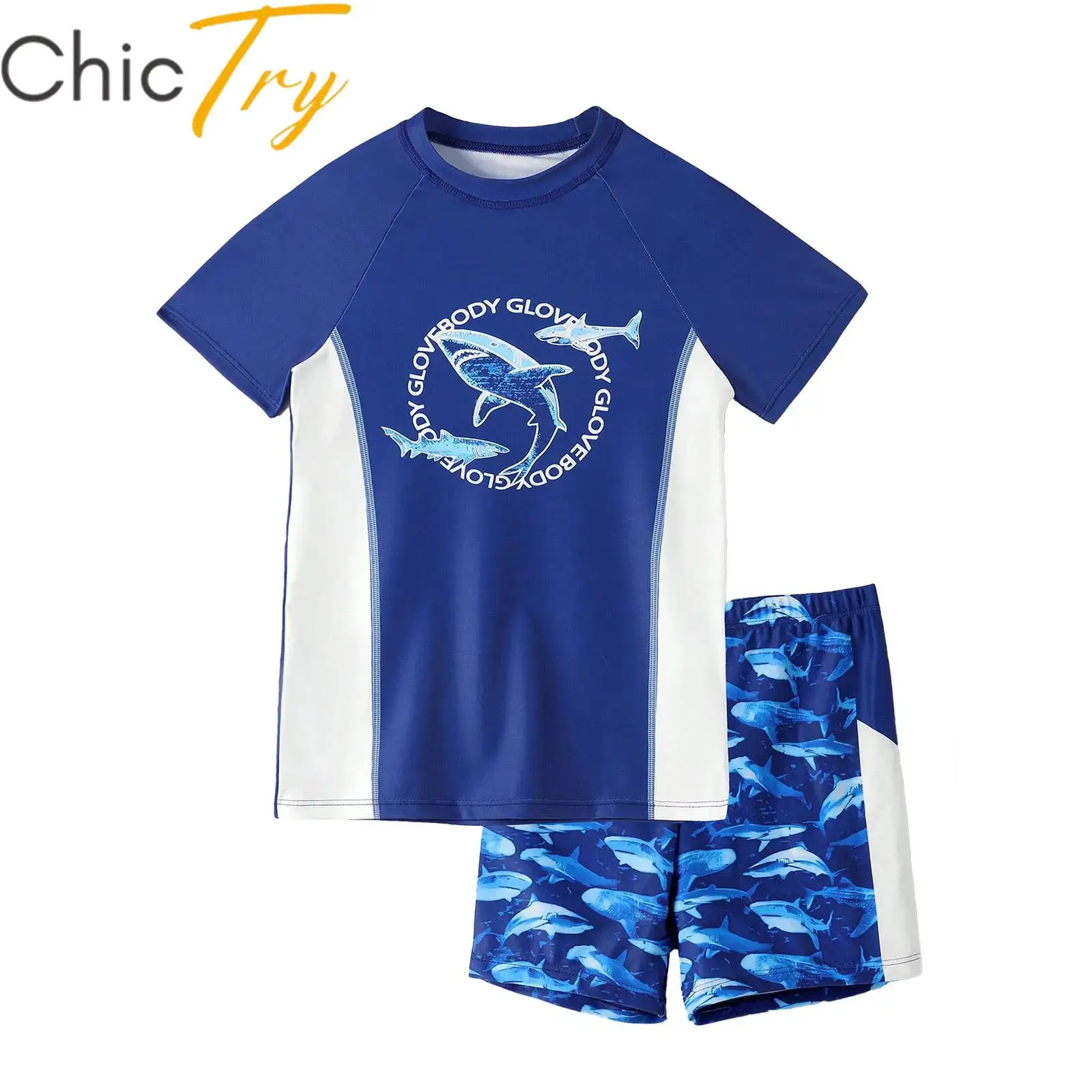 

Kids Boys Swim Sets Swimsuit Shark/Camouflage Printed Rashguard Swimwear Short Sleeve Top with Shorts Beachwear Bathing Suits