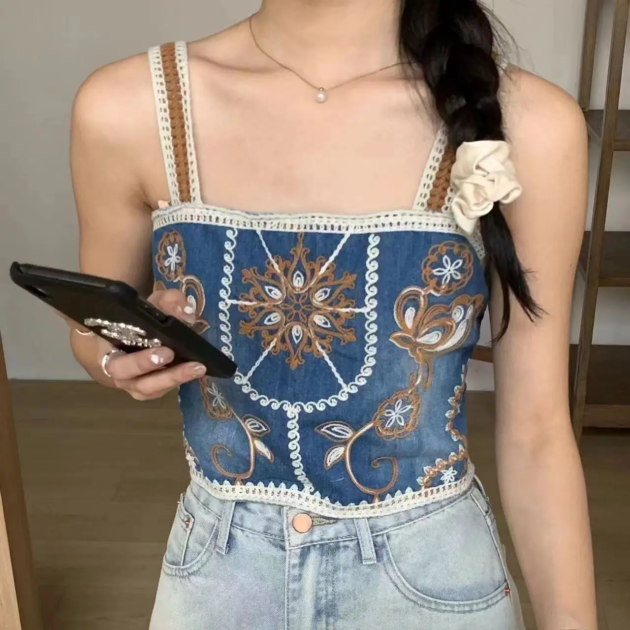 Denim Blue Crochet Cami Top Embroidery Floral Open-knit Crop Camis and Tanks for Women Teengirl Summer Vacation Boho Outfit