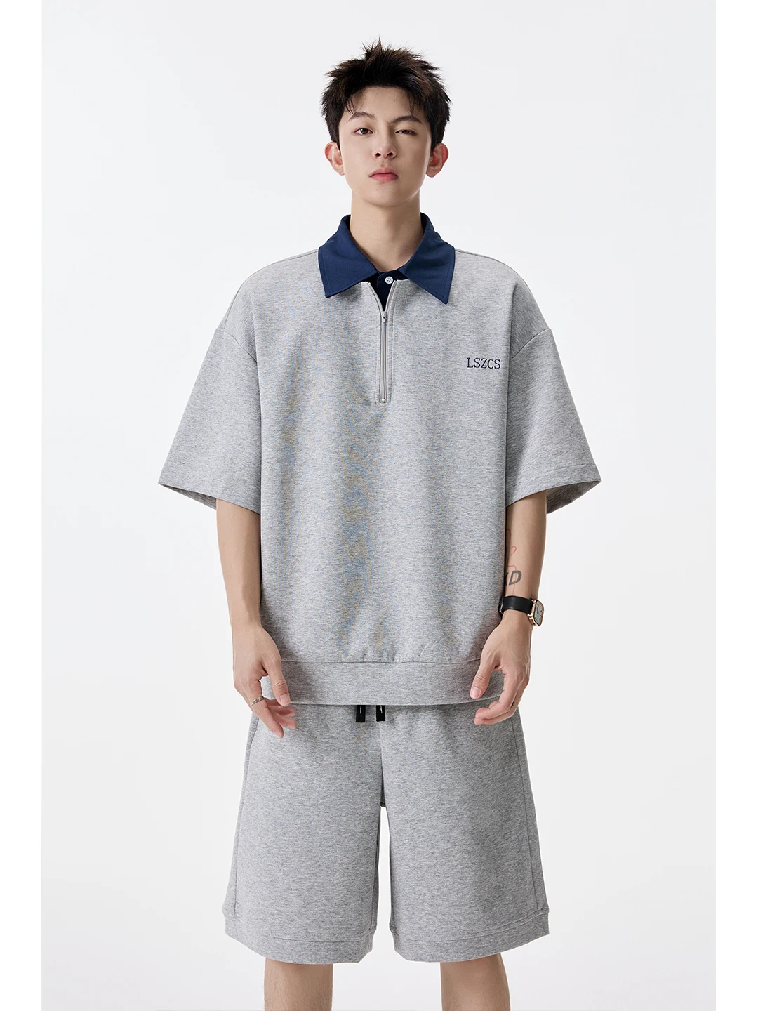 

Повседневный летний спортивный комплект с молнией для мужчин: футболка и шорты из смесовой ткани (хлопок/полиэстер) – модный образ для подростков