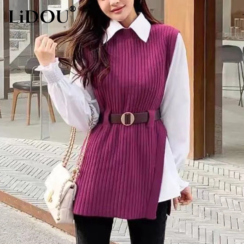 Autumn Winter Round Neck Casual Fashion Knitted Slit Vest Elegant White Shirt Set Ladies Belt All-match Sweater Tank Top Blouse