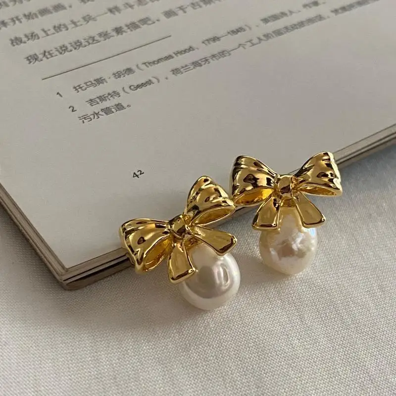 Elegant Gold-Plated Copper Silver Needle Hypoallergenic Bow Pearl Earrings for Women Girls Wholesale