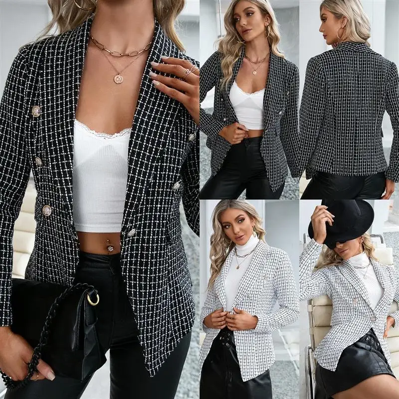 

Plaid Slimfit Doublebreasted Commuter Women's Suit Outerwear Long Sve Polyester Blend Autumn Faion 2023