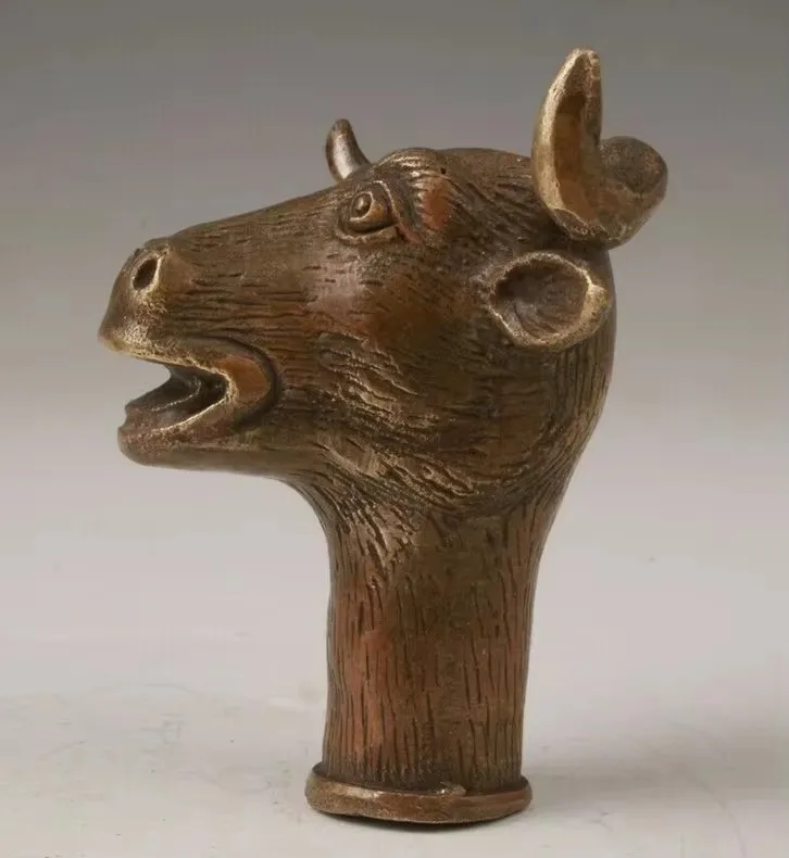 Old Bronze Statue Animal Cattle Bull Cane Walking Stick Head Handle Accessorie