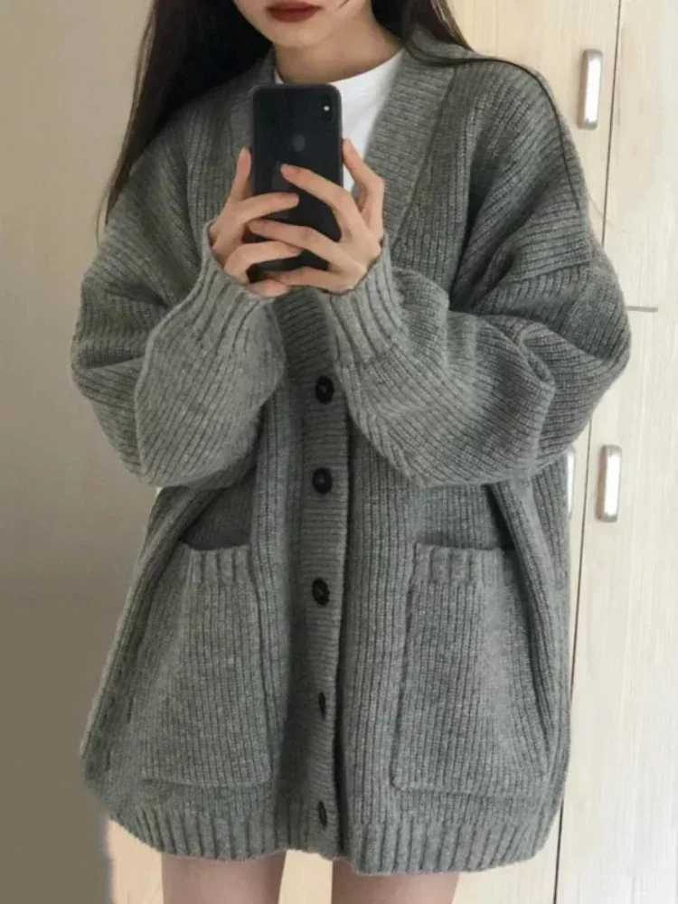 Cardigan invernale maglione lavorato a maglia a righe grigie cardigan donna stile moda coreana Harajuku cardigan oversize cappotto femminile preppy