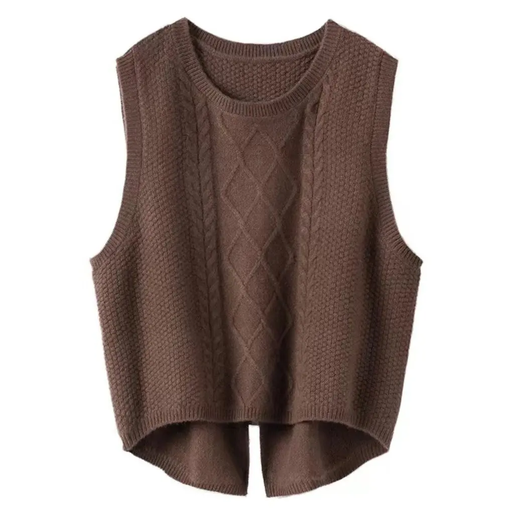 

Women's Pure Wool Vest Loose Short Split Knitted Sweater Solid Color Stacked Outer Wear for Spring And Autumn