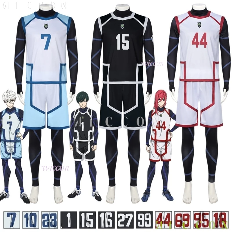 Disfraz de Chigiri Hyoma Nagi con cerradura azul S2, mono, 3 uds., conjunto de pantalones cortos, ropa deportiva, traje de fútbol, fiesta de fútbol, disfraz Unif