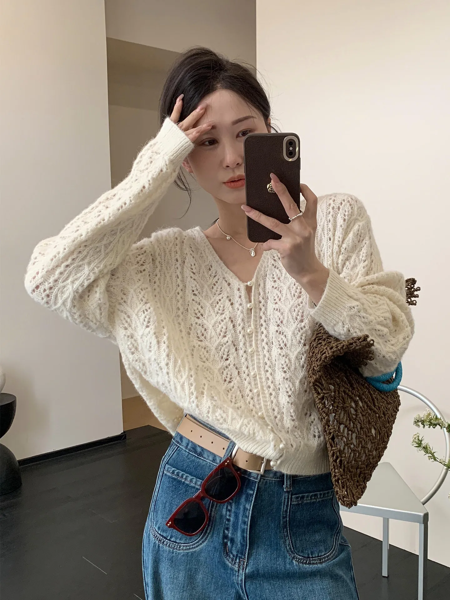 

Women's Knitted Hollow out V-Ne Open Cardigan Spring Loose Sle Slimming Top Soft Long Sve Korean Faion