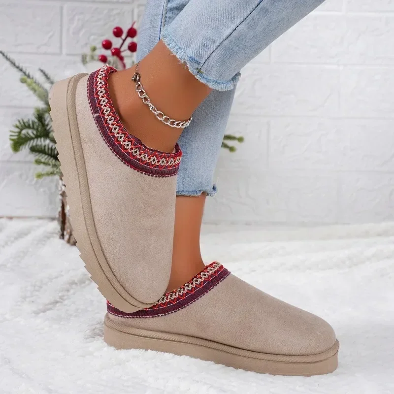 Bottes de neige chaudes en daim pour femmes, chaussures à plateforme à enfiler, demi-pantoufle, chaussures en coton pour femmes, automne, hiver