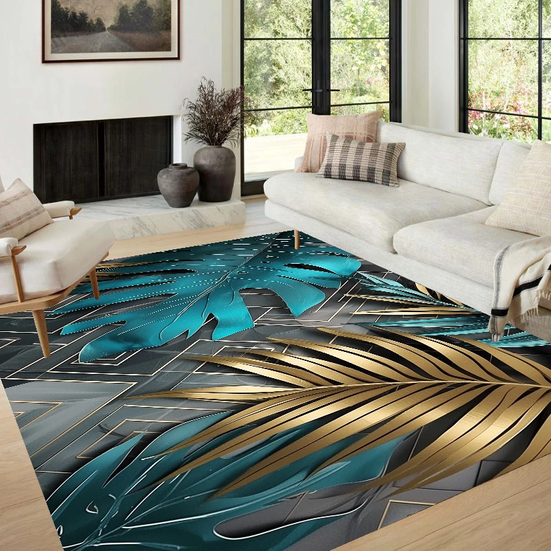 

3d Golden Modern Carpet in The Living Room Leaf Patterns Room Decor Home Mats Machine Washable Large Area Rugs for Bedroom Ins