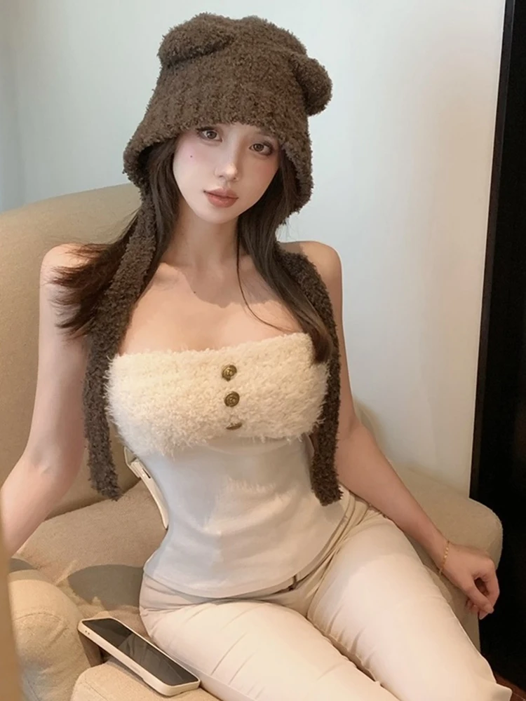 Fluffy Splice One-Shoulder Tube Top Vest Pure Desirable Slimming Straight Cut Top Sexy Style Casual Wear Breathable Short Length