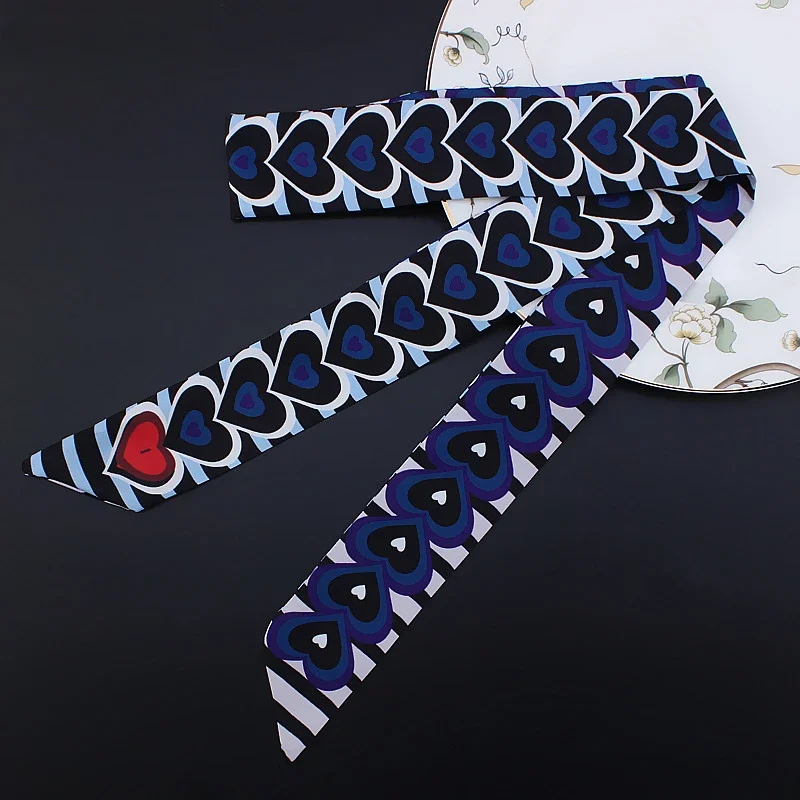 Extra Long 120cm Silk Ribbon Scarf Woman Multi-layer Love Heart PrintedScarf Bag Handle Ribbon Neckerchief Scarf Ribbon Scarf