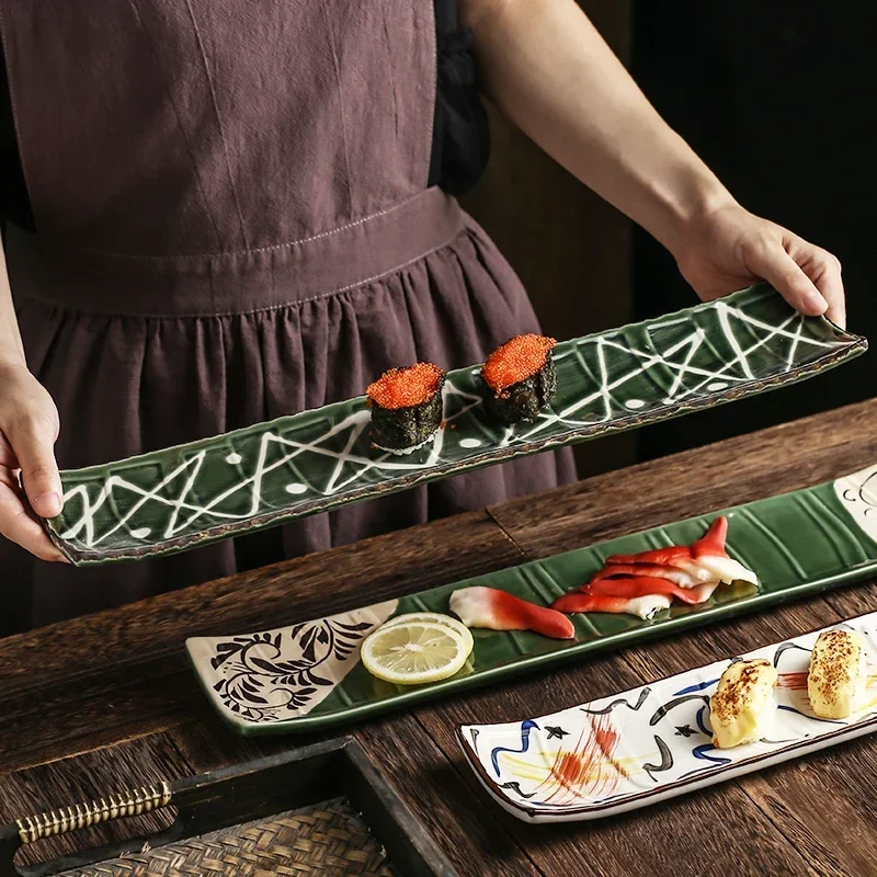 

Japanese Sashimi Sushi Plate Long Shape Ceramic Dish with Hand-Painted Design for Commercial Creative Tableware