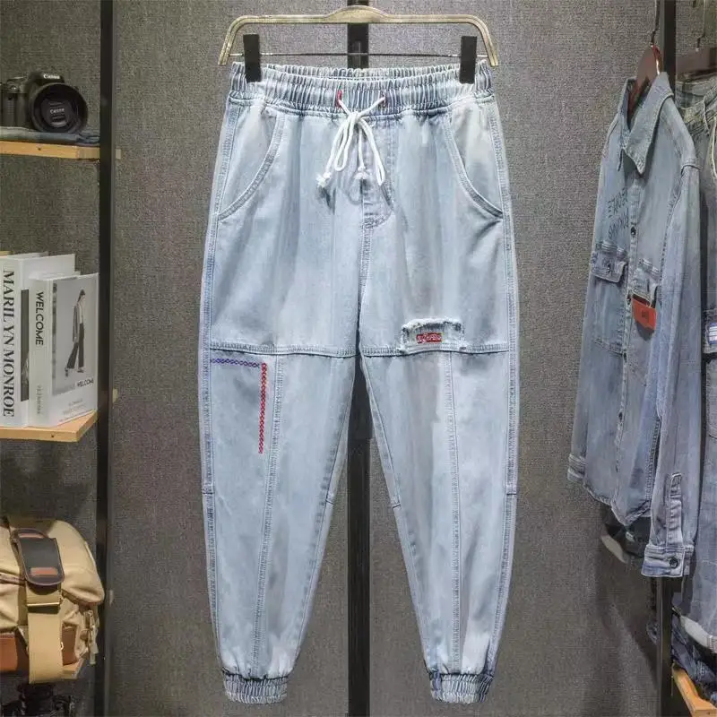 Pantalones de mezclilla azul claro para hombre, Jeans Harem sueltos de moda, pantalones Retro hasta el tobillo con puños elásticos, pantalones Cargo de talla grande 5XL