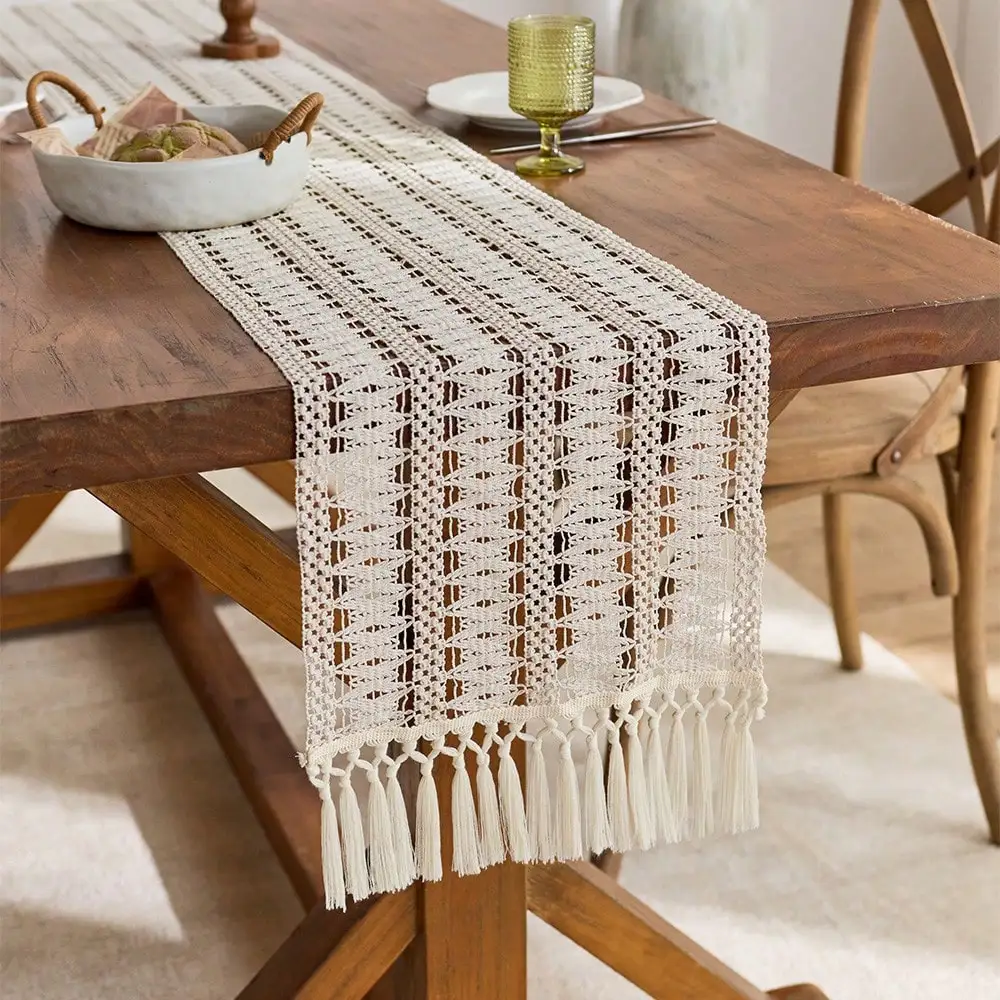 1pc Boho Farmhouse - style Tasseled Table Runner - Beige Polyester Blend with Tassels, Ideal for Home and Restaurant Decoration