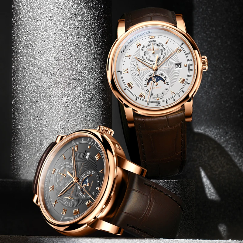 LOBINSettlement-Montre mécanique automatique pour homme, marque de luxe, phase de lune, saphir, cuir, mouvement de la mer