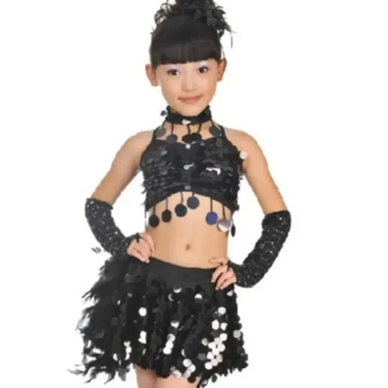 Trajes infantis para meninas e crianças, roupas de dança latina, trajes de penas de samba, vestidos de dança de salão, trajes de dança de lantejoulas m1