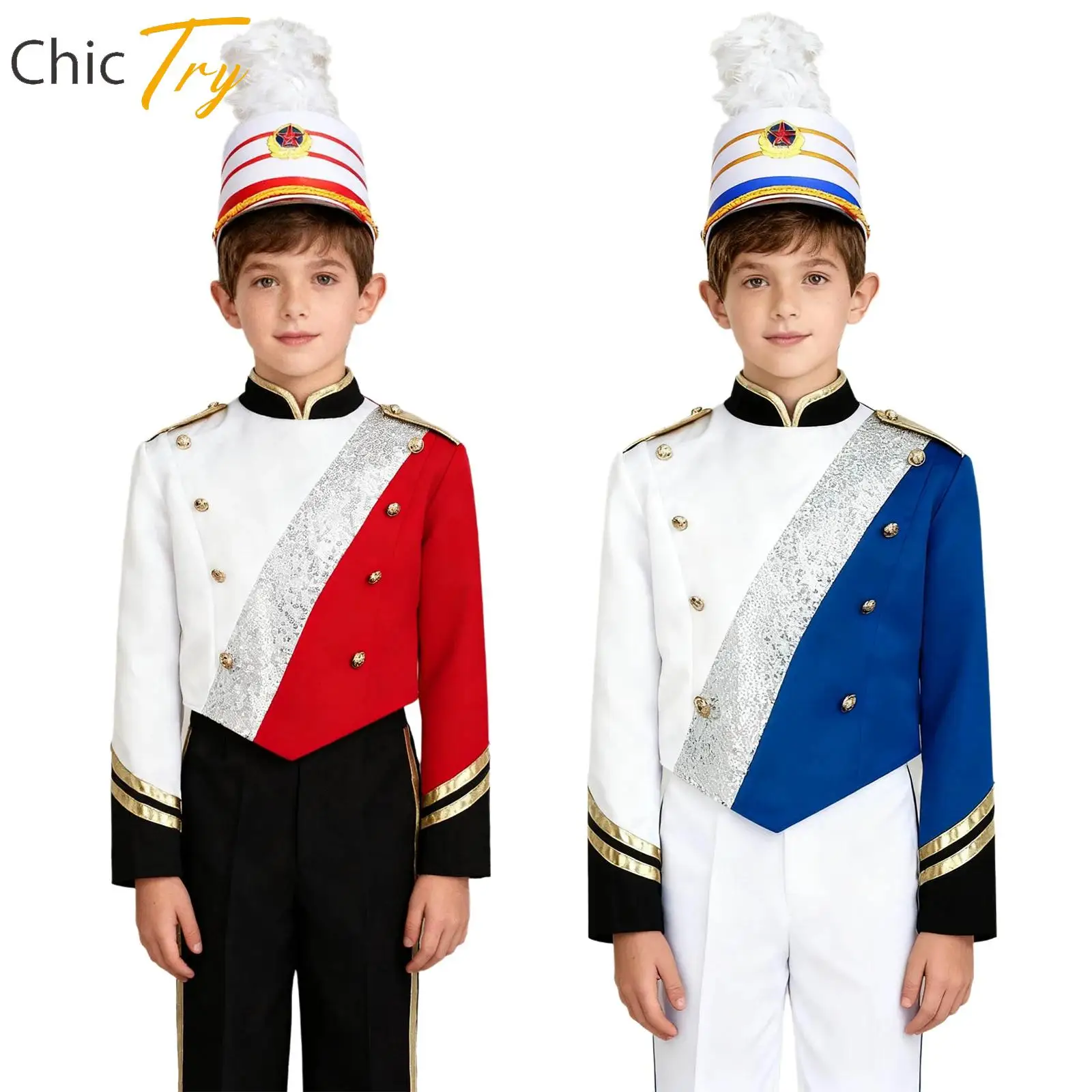 

Boys Drum Major Outfit Marching Band Uniform Outfit Long Sleeve Top Hat Set for Halloween Drummer Major Team Performance Set