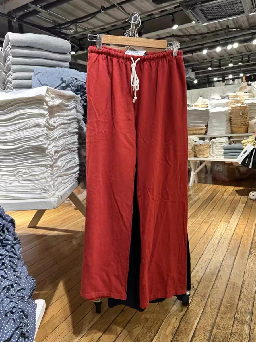Nowe czerwone proste spodnie dresowe ze sznurkiem damskie jesienne wysokiej talii bawełniane spodnie szerokie nogawki Vintage Streetwear Casual spodnie sportowe — zdjęcie 3