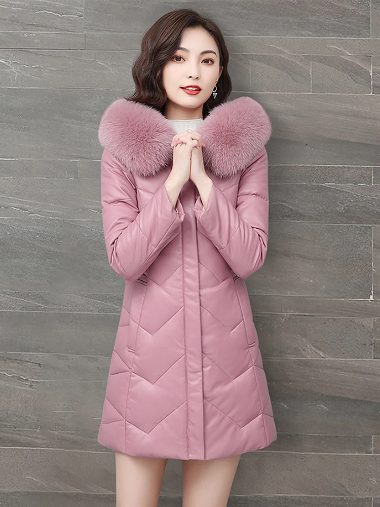 

Haining Genuine Leather down Jaet Women's Medium Length eepskin Winter Coat Fur Hooded Fur Coat Commute Sle