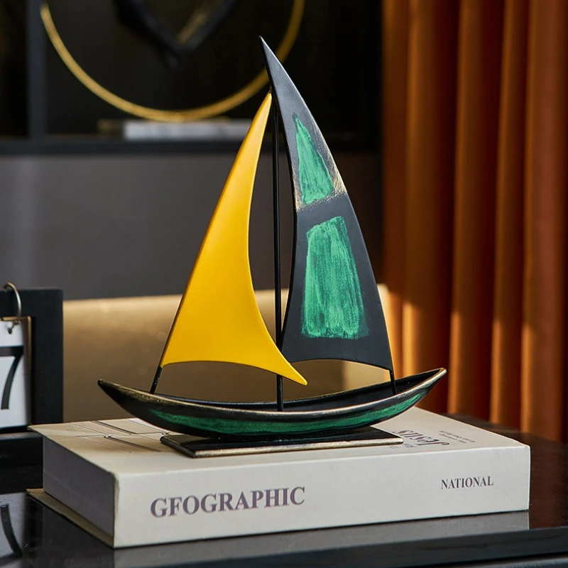 Yellow Green Iron Sailboat Sculpture, Desktop Boat Sculpture, Collectible Office Furniture, Cabinets, Tables, Home Decor