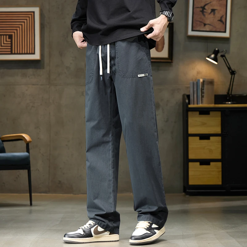 100％ Cotton Men's Baggy Straight Casual Pants Fashion Pocket Elastic Waist Drawstring Wide Trousers High Street Male Clothes