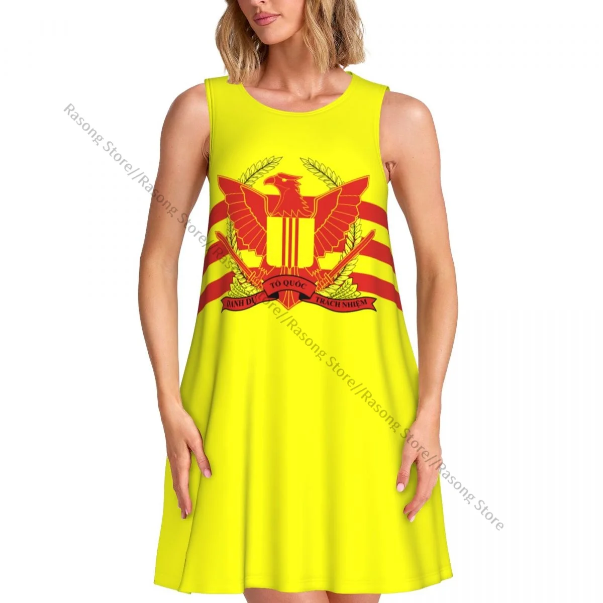 

Платье выше рукавов с круглым вырезом, военный флаг Южного Вьетнама, женское повседневное женское платье до колена, платья макси