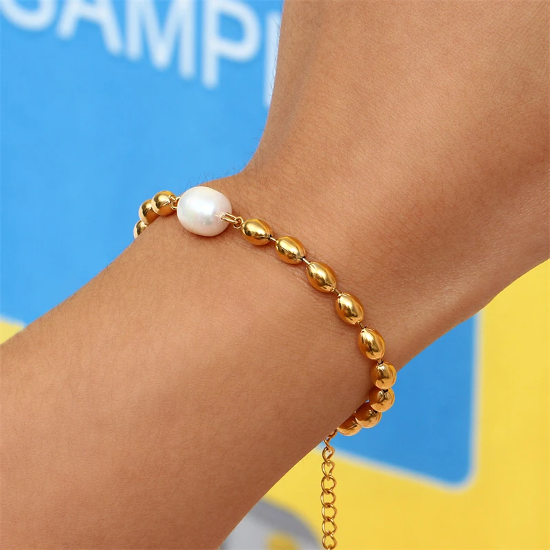 316L Stainless Steel New Fashion Fine Jewelry Minimalism Beaded Freshwater Pearl Charm Chain Choker Necklaces Bracelet For Women