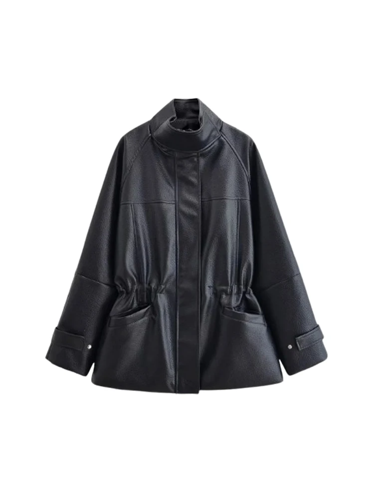 المرأة الشارع الأسود جلد المرأة سترة الوقوف طوق سحاب أكمام طويلة الخصر جيوب مغلقة معطف الإناث سيدة الموضة أبلى #1