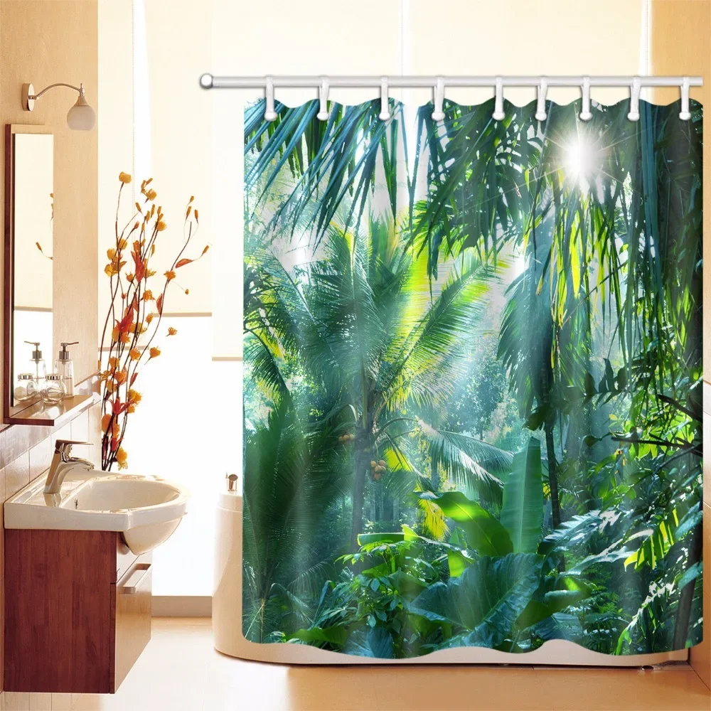 Palm Leaf Shower Curtain Tropical Leaves Banana Leaf Monstera Leaf Green Rainforest Print Bathroom Curtain Polyester with Hooks