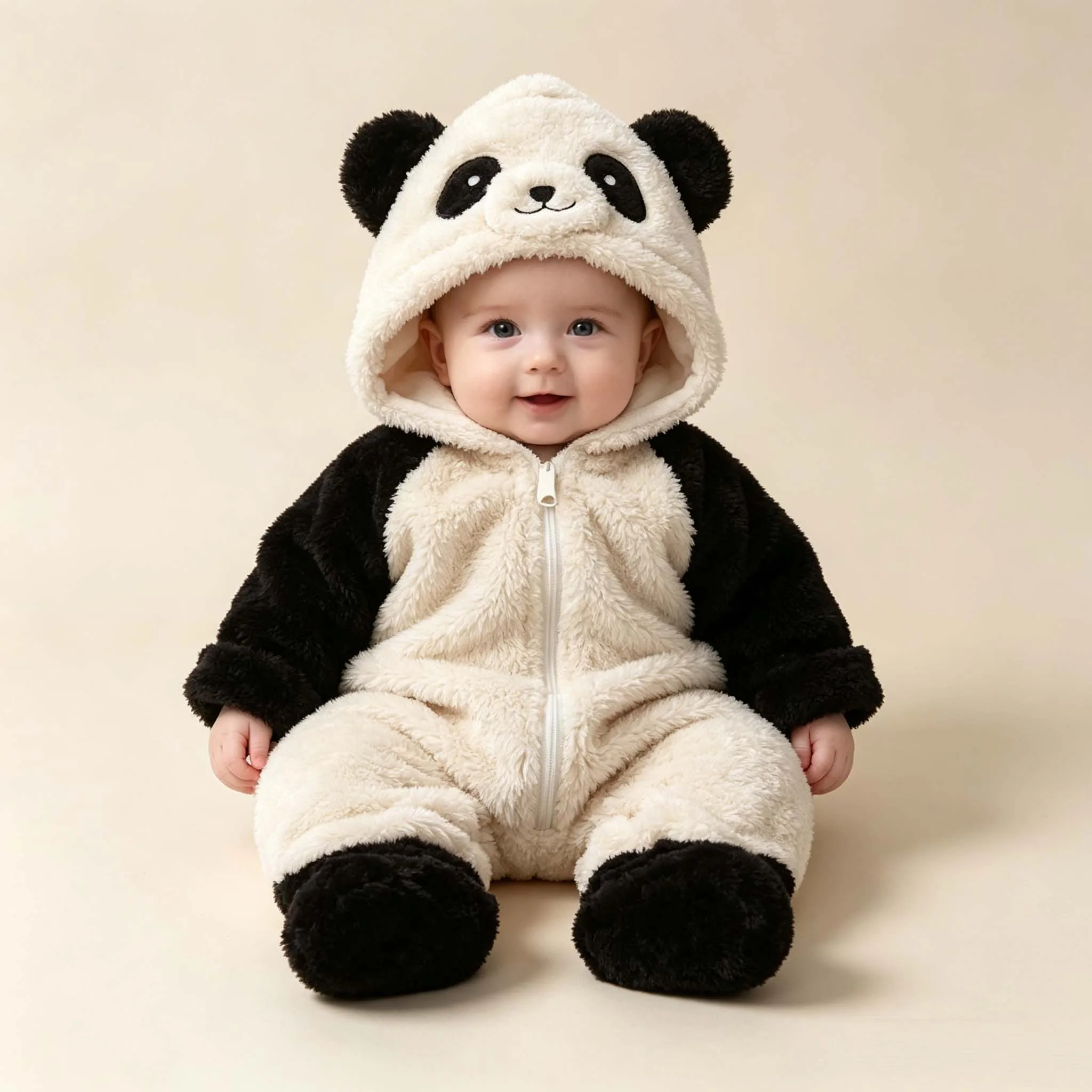 Baby Winter-Strampler aus Fleece mit Cartoon-Panda- und Hasenmotiv, Kapuzen-Jumpsuit für Jungen und Mädchen, Weiche Loungewear, Verdickter Kleinkind-Overall