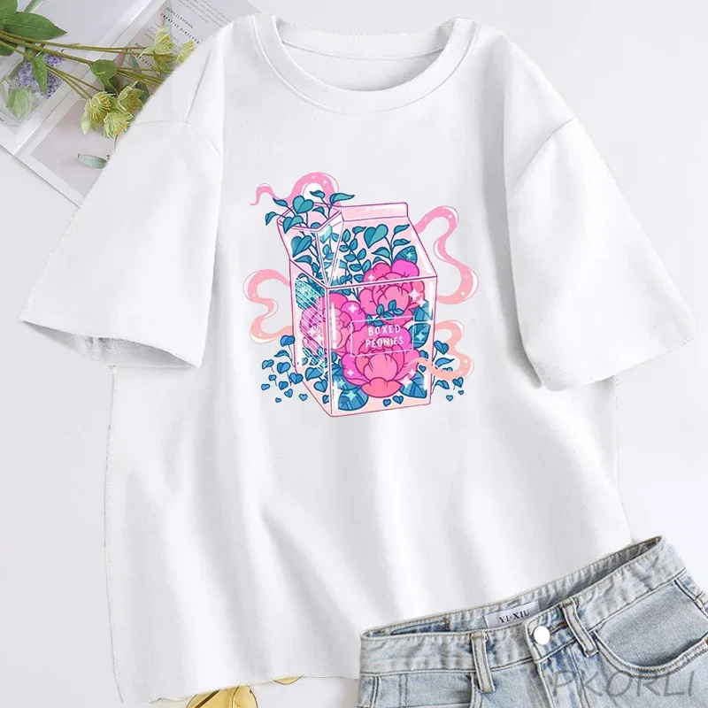 Peony Milk Box T Shirt Women Cotton Trendy Tee Shirt Woman Clothes Print Oversized Summer Women's T-shirt Aesthetic Clothing