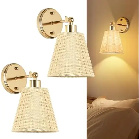 

Настенные бра из ротанга с поворотным рычагом, абажур ручной работы, 3 цвета, RGB с регулируемой яркостью, беспроводной настенный светильник, настенный светильник для спальни, гостиной